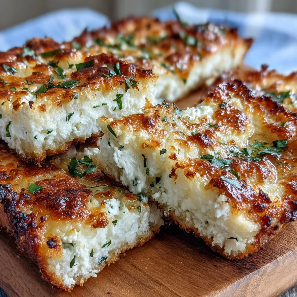 Fluffy Cottage Cheese Flatbread stacked on a plate with herbs and a side of marinara dip.