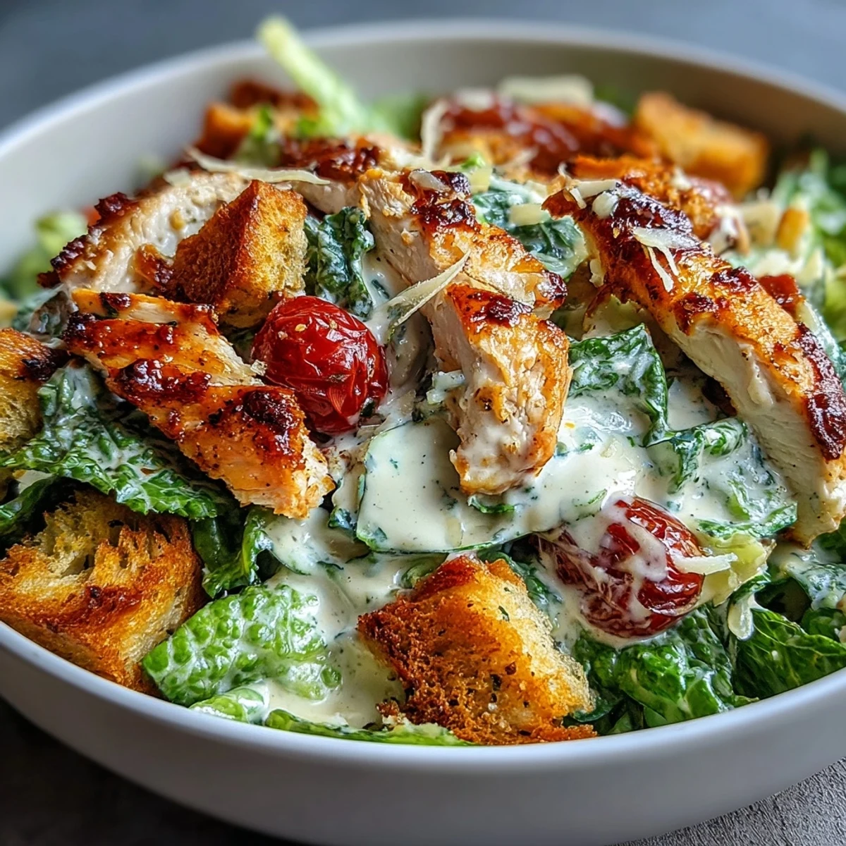 A plated Romaine Caesar Bowl topped with grilled chicken, golden croutons, and shaved Parmesan.