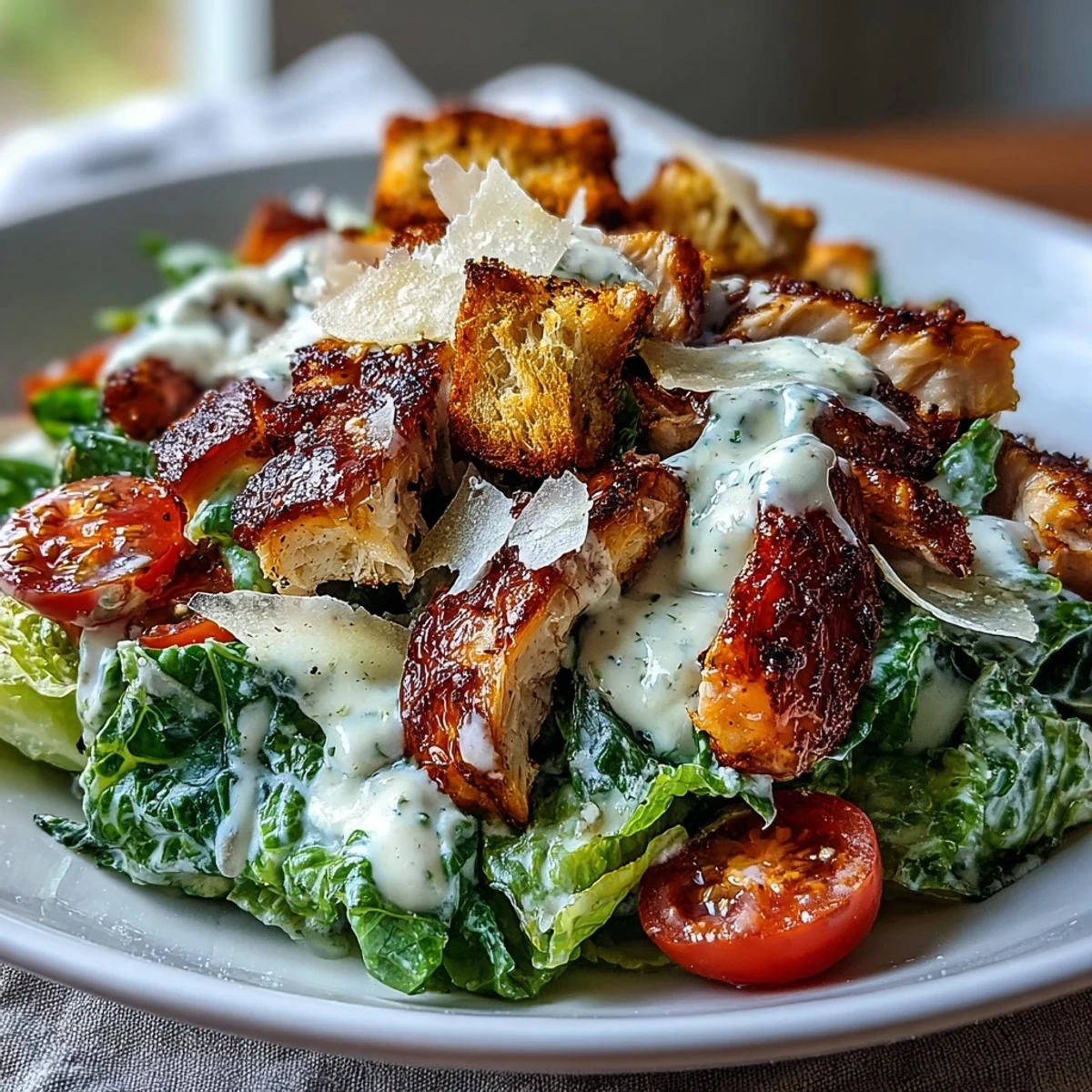 Close-up on a Romaine Caesar Bowl showing crisp romaine, juicy tomatoes, and crunchy croutons.