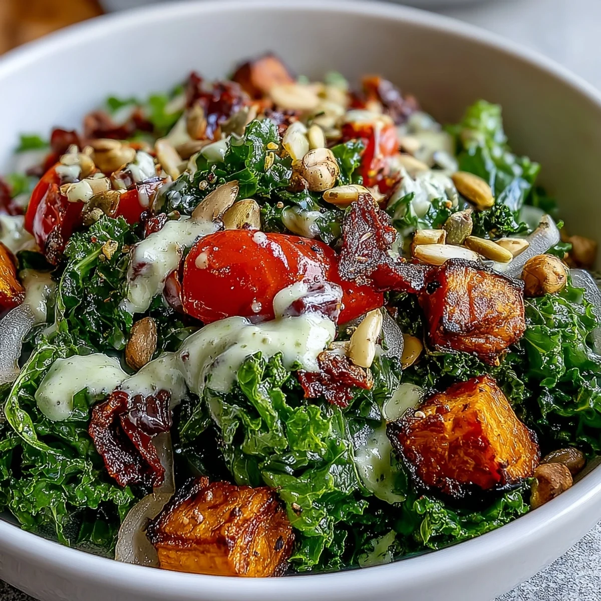 Freshly roasted vegetables and massaged kale in a vibrant Kale Salad Bowl topped with crunchy nuts and creamy tahini dressing.