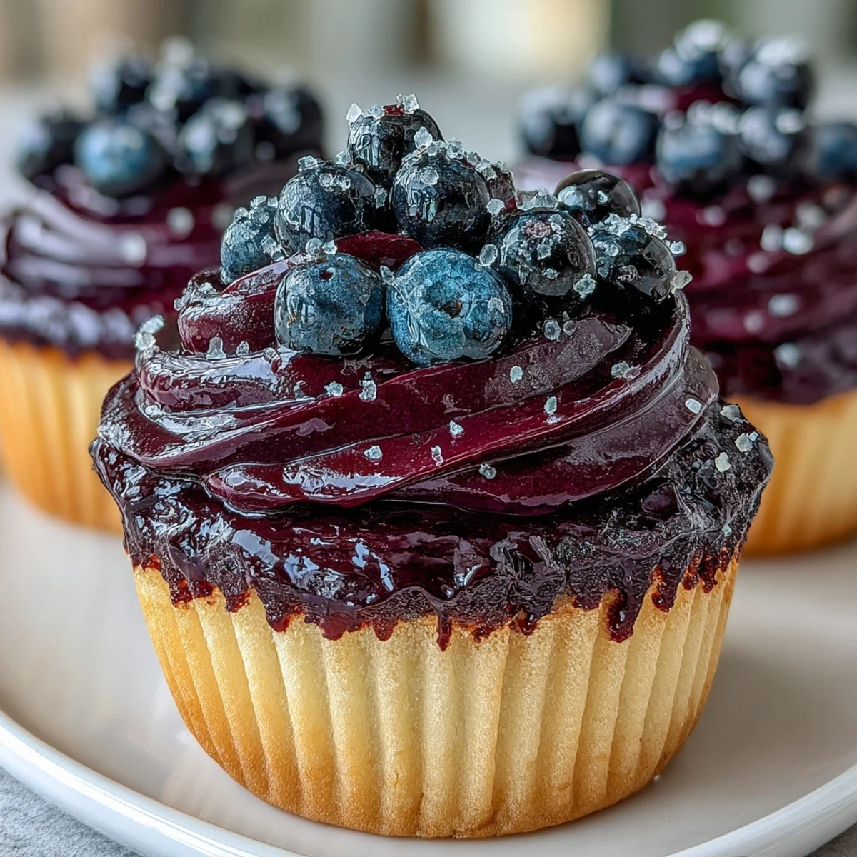 Velvety Black Currant Frosting swirled onto a vanilla cupcake, garnished with fresh berries.