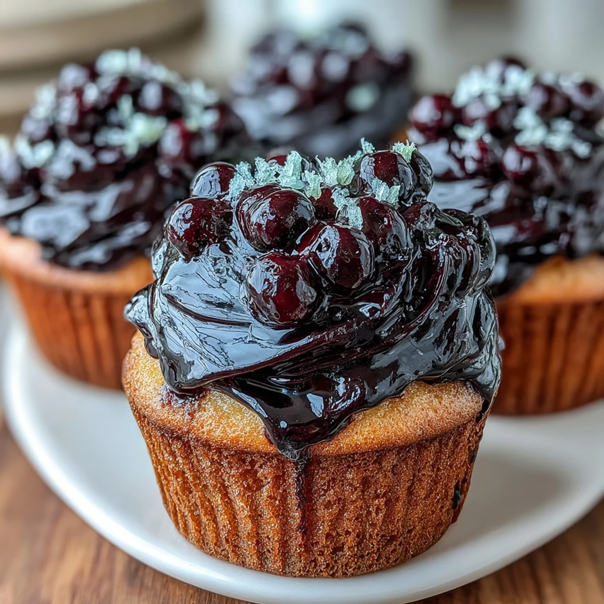 Topped Olive Oil Cupcakes with Black Currant Frosting on a cooling rack, showing a tender crumb and a sweet afternoon tea treat.