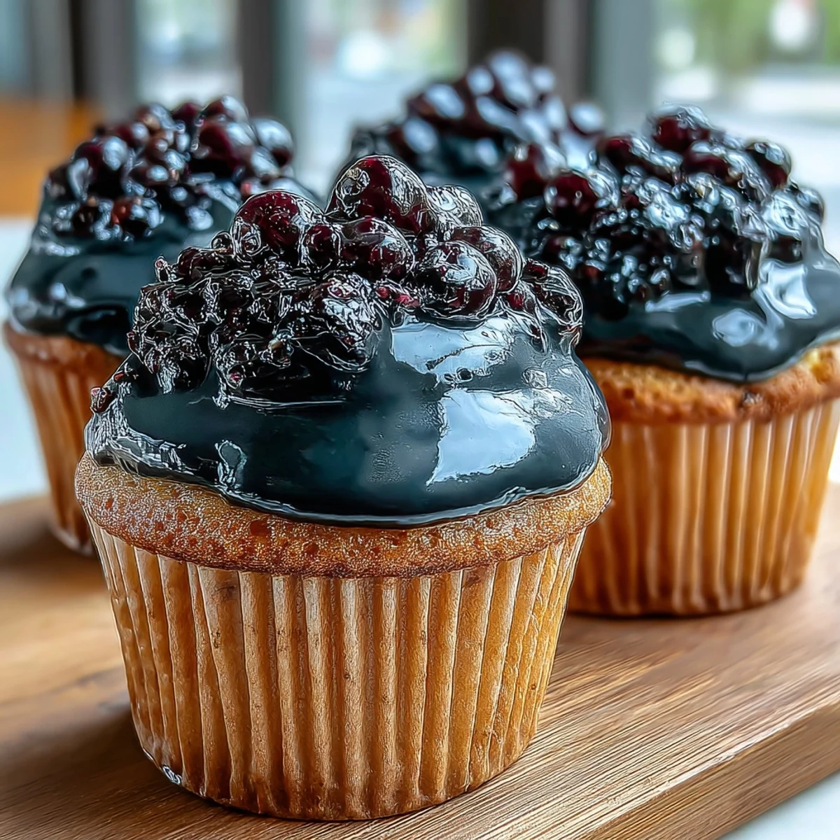 Twelve Olive Oil Cupcakes with Black Currant Frosting arranged on a platter, garnished with lemon zest for an elegant dessert presentation.