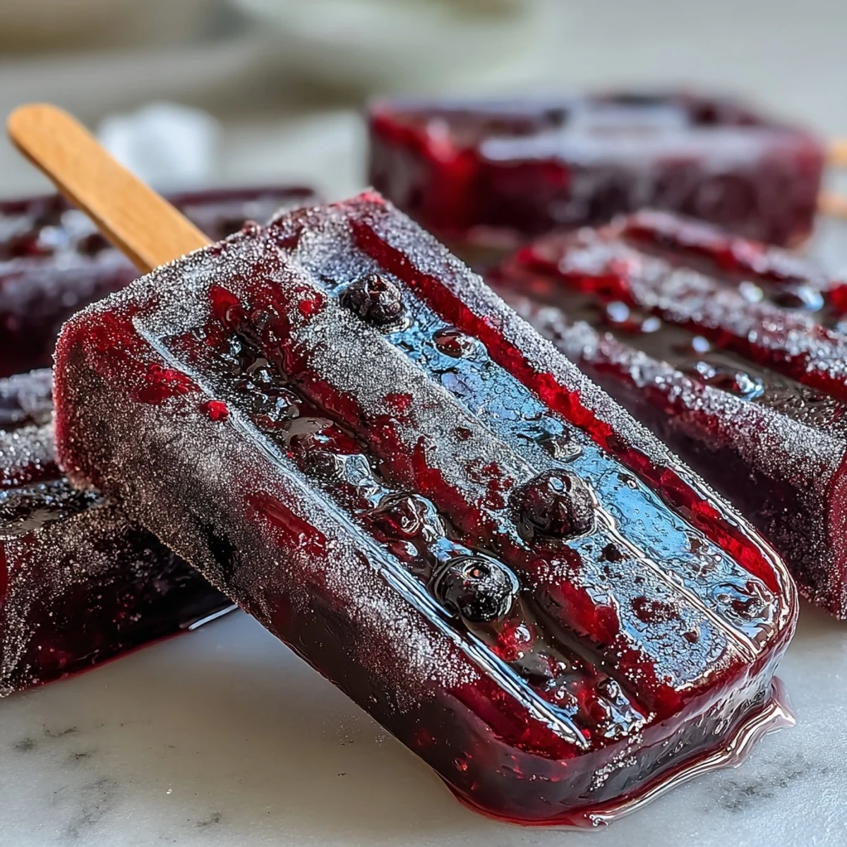 Six homemade Black Currant Popsicles on a stick, showcasing a deep purple hue, perfect for a refreshing vegan summer dessert.