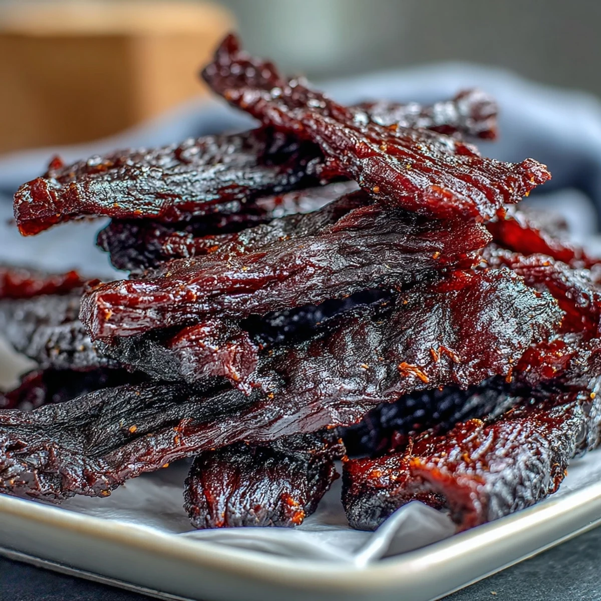 Glistening strips of Black Currant Smoky Jerky are fanned on a wooden board with smoky curls rising.