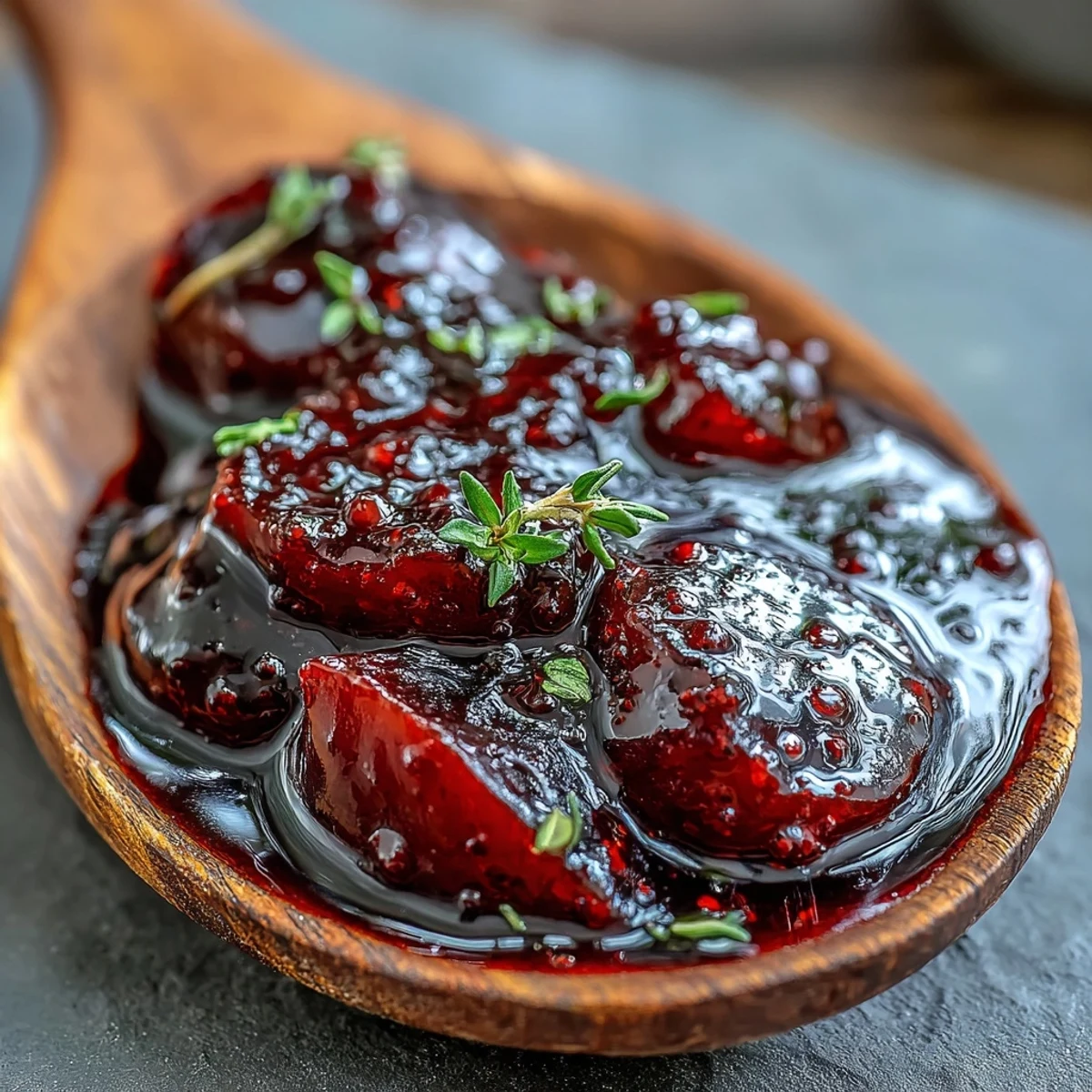 Deeply hued Black Currant Reduction in a glass jar, beside charcuterie meats, Brie, and toasted crostini.