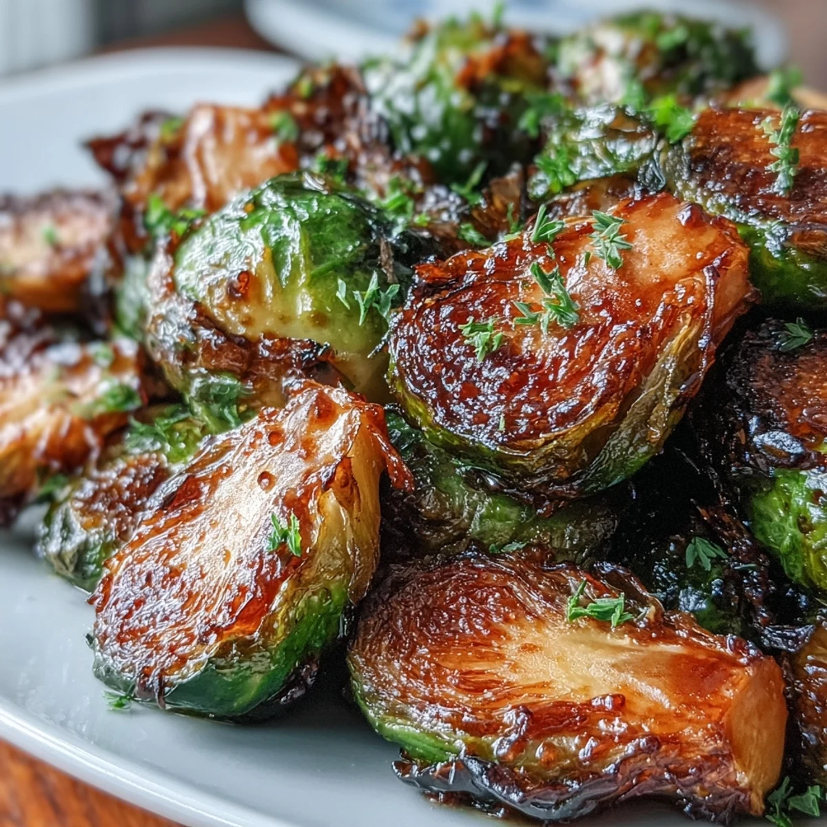 Shiny, sticky Irresistible Orange Maple Glazed Brussels Sprouts in a white bowl, a savory vegetarian side perfect for weeknights.