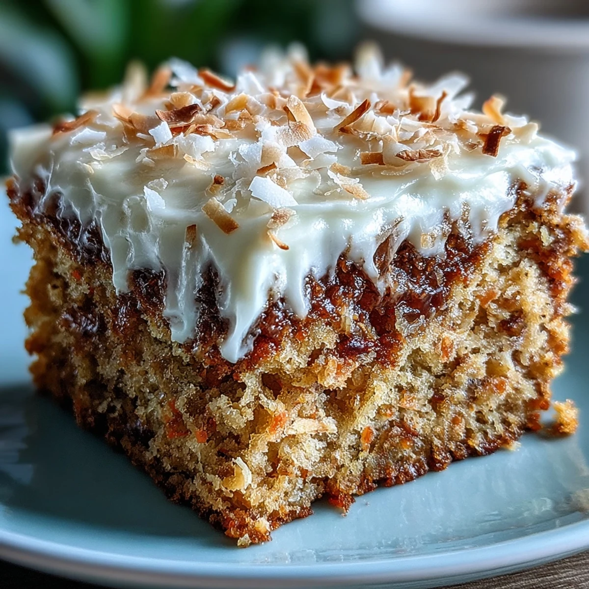 Moist slice of Christmas Hawaiian Carrot Pineapple Cake showing pineapple chunks, carrots, and creamy white frosting.