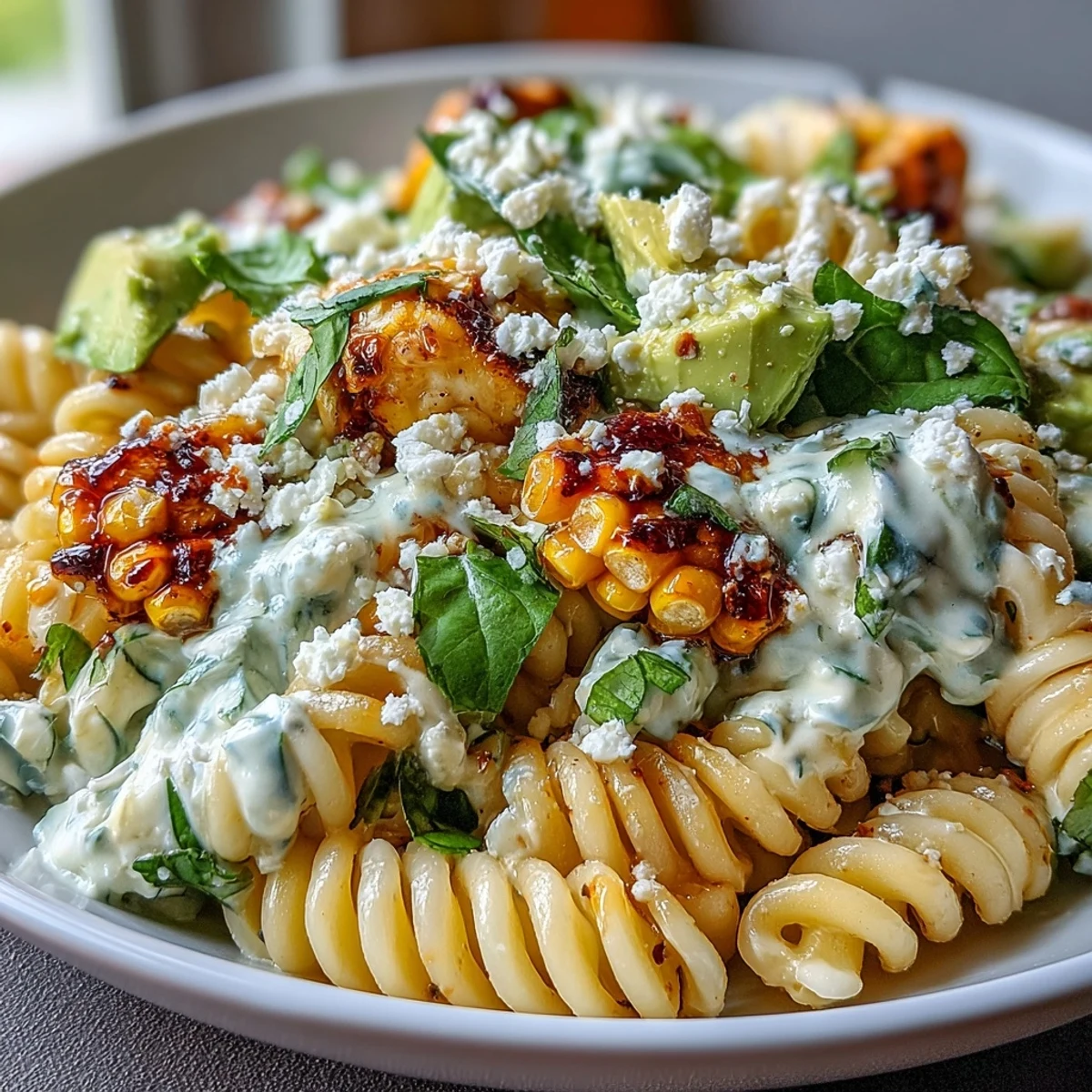 Creamy Street Corn Pasta Salad with grilled corn and spicy cheddar tossed in a chili butter sauce, served on a white plate.