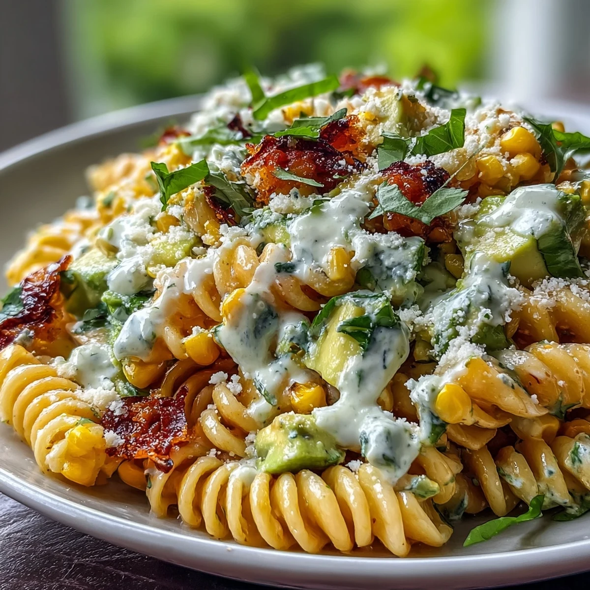 Warm Creamy Street Corn Pasta Salad garnished with fresh cilantro, basil, and cotija cheese, ready for a summer barbecue.