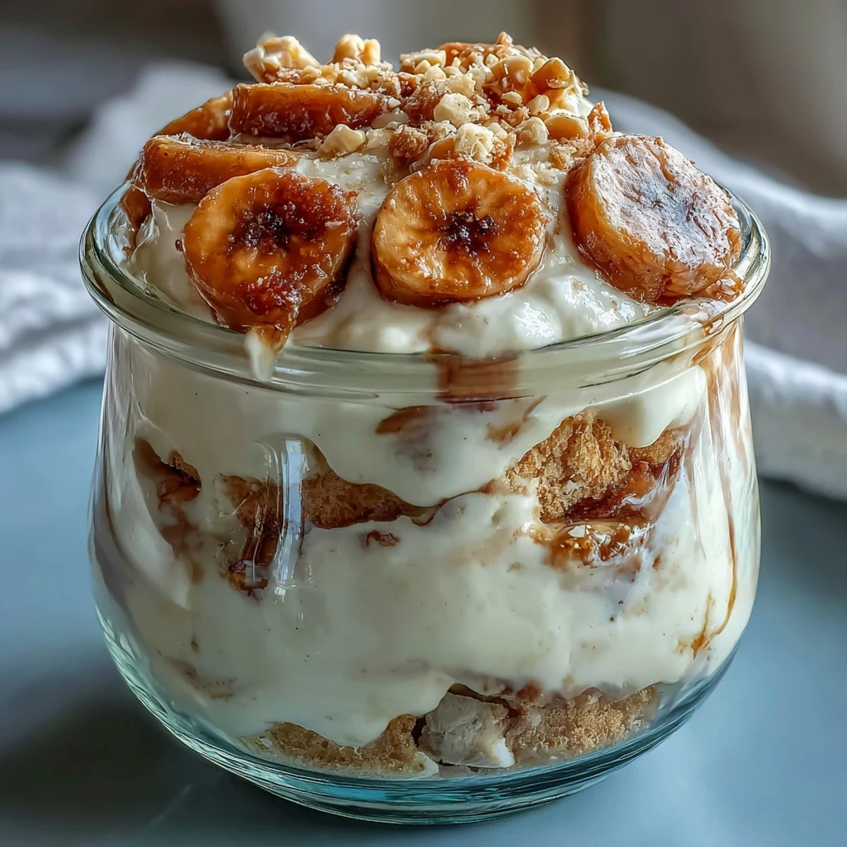 Delicious high protein banana pudding layered with creamy Greek yogurt custard and fresh banana slices in a glass jar.