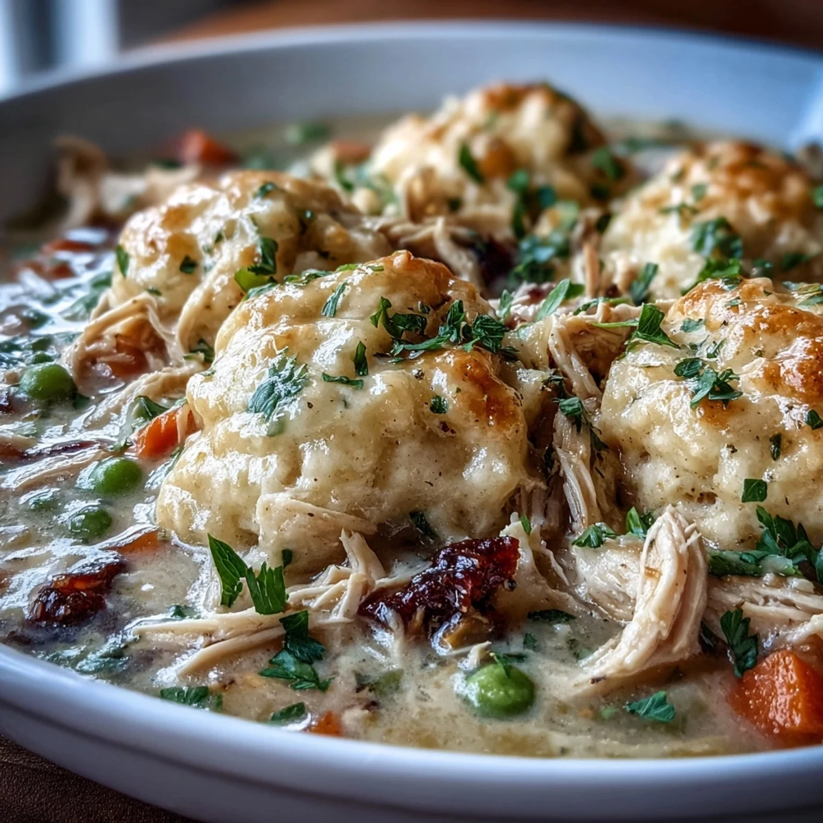 Up close on a rustic table, Slow Cooker Ranch Chicken & Dumplings display steam rising from fluffy biscuits atop the thick, creamy stew.
