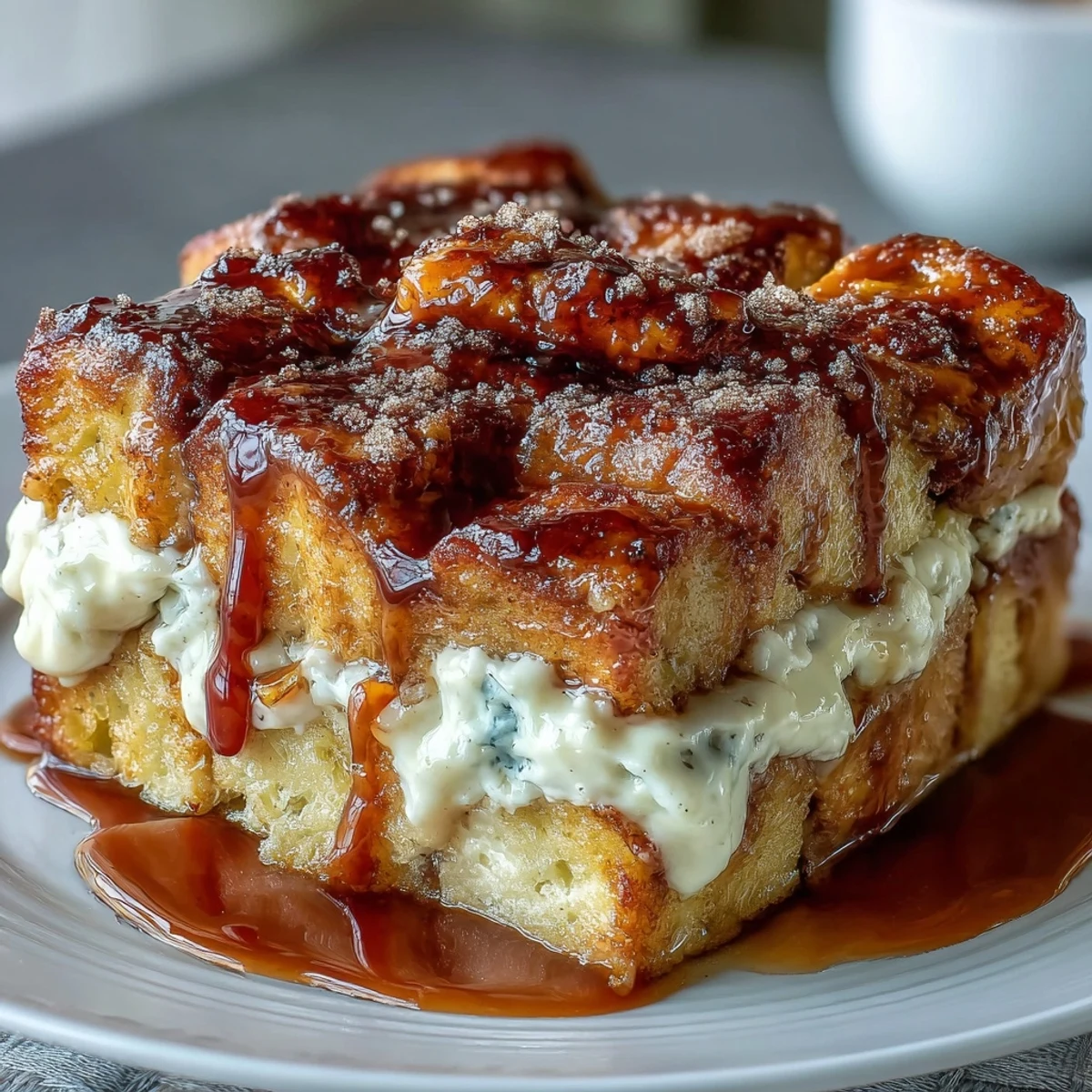 Fork-ready squares of Caramel Cream Cheese French Toast Casserole served on a white plate.