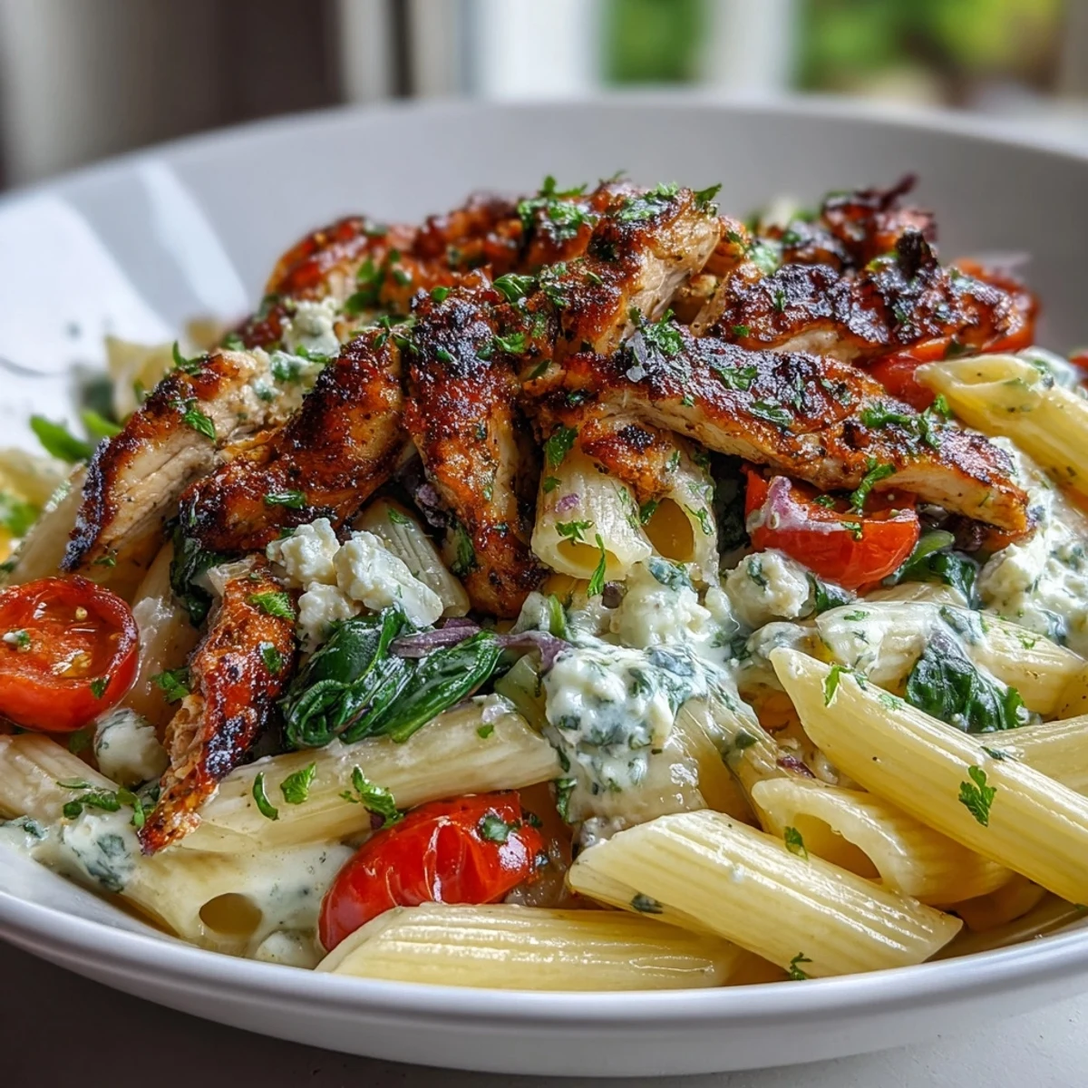 Golden-brown Roasted Garlic & Feta Chicken Pasta tossed with spinach and cherry tomatoes on a white plate.