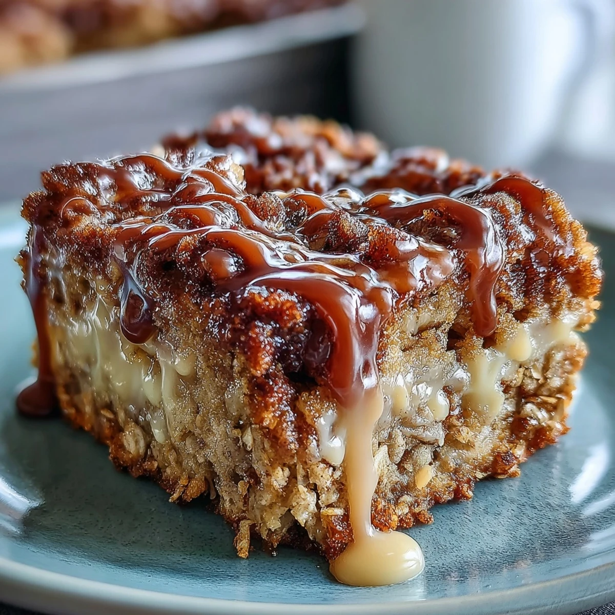 A close-up view of High-Protein Cinnamon Swirl Coffee Cake Oats, highlighting the moist baked oats, crumble texture, and rich cinnamon swirl inside.