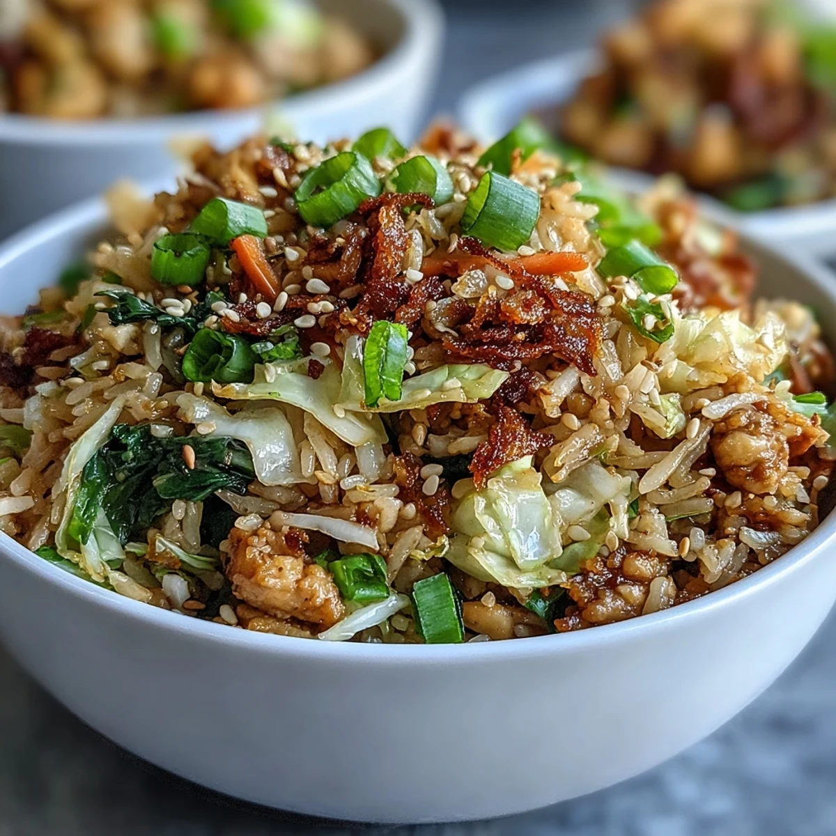A hot wok stir-fries minced chicken with cabbage, carrots, and classic egg roll spices.