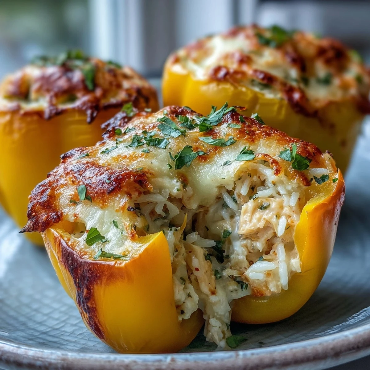 Golden brown bell peppers filled with creamy Garlic Parmesan Chicken Stuffed Peppers, topped with bubbly mozzarella.