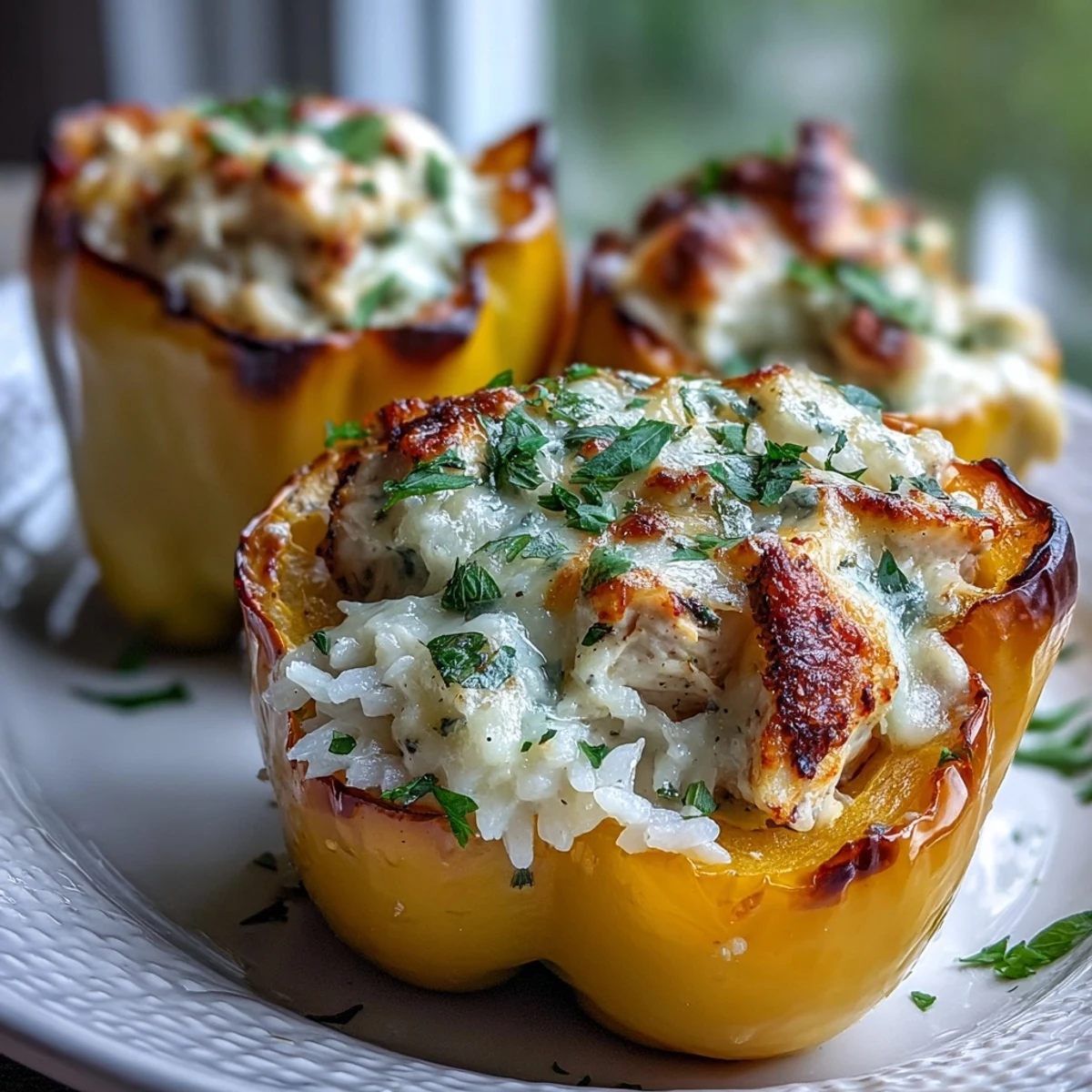 Freshly baked Garlic Parmesan Chicken Stuffed Peppers served alongside a crisp green salad for dinner.