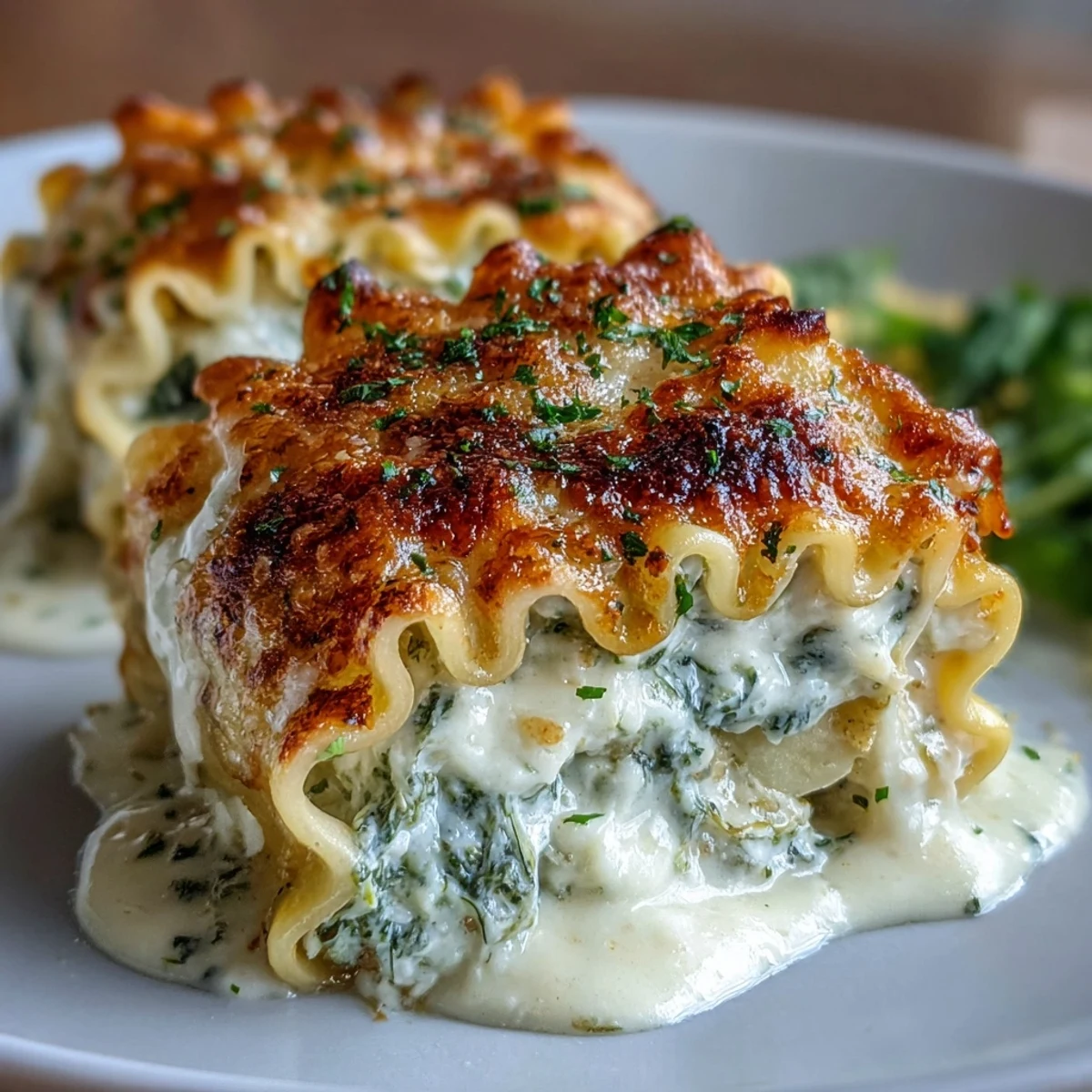 Tender noodles stuffed with creamy ricotta and spinach, drizzled with rich garlic butter sauce on a white plate.