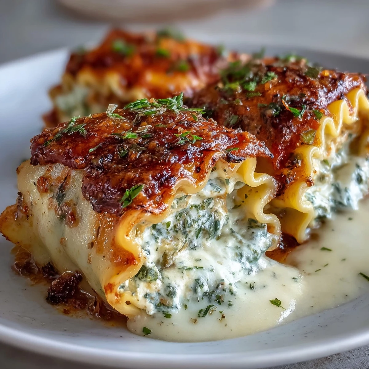 Cheesy Italian-American Garlic Butter Lasagna Roll-Ups topped with herbs, paired with a crisp green salad for dinner.