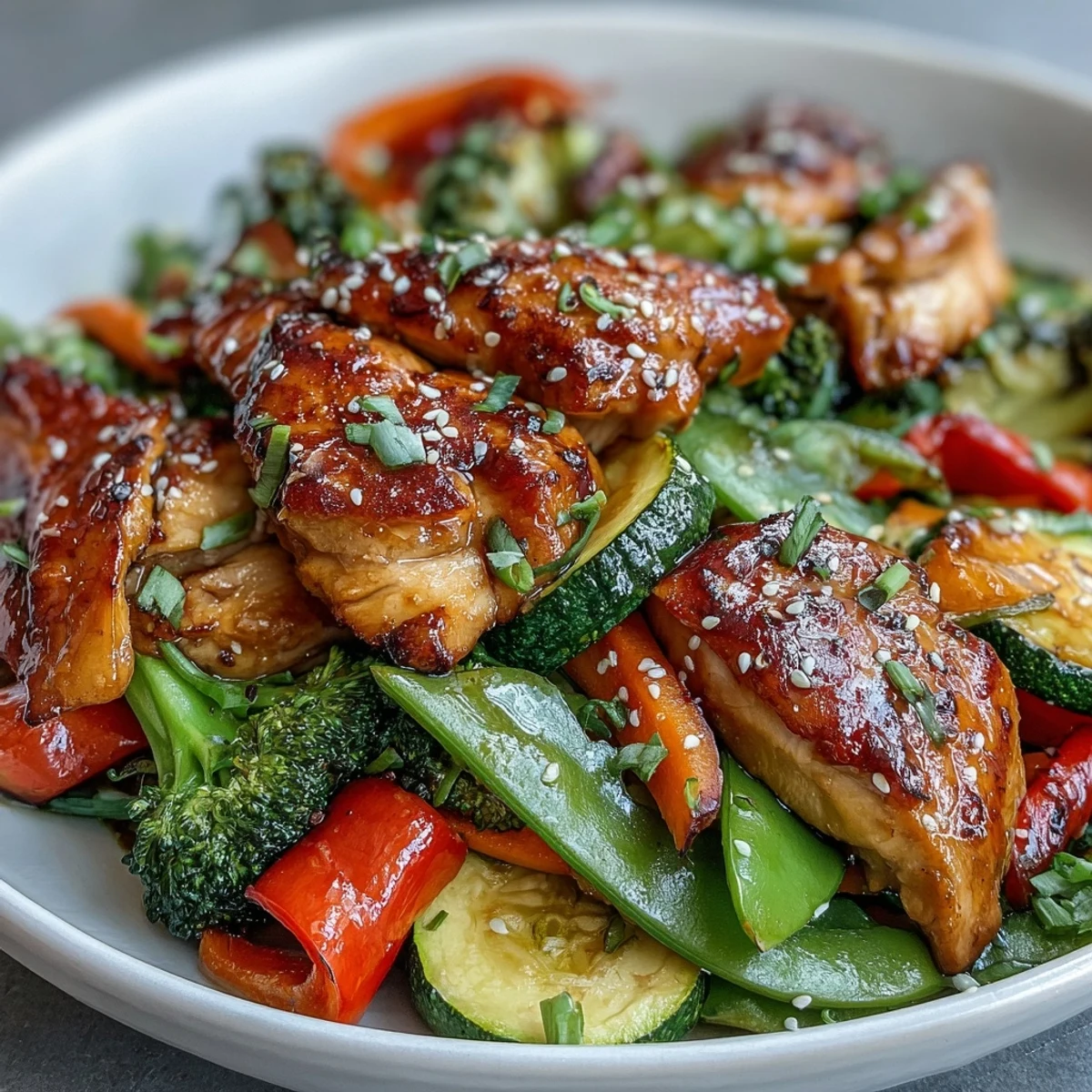 Sizzling skillet of High-Protein Chicken and Veggie Stir-Fry, perfect over fluffy cauliflower rice for a low-carb dinner.