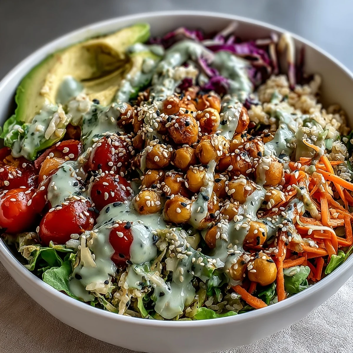 Served Rainbow Veggie Buddha Bowl with Sesame Ginger Dressing, drizzled and garnished with green onions, perfect for a healthy vegan lunch.