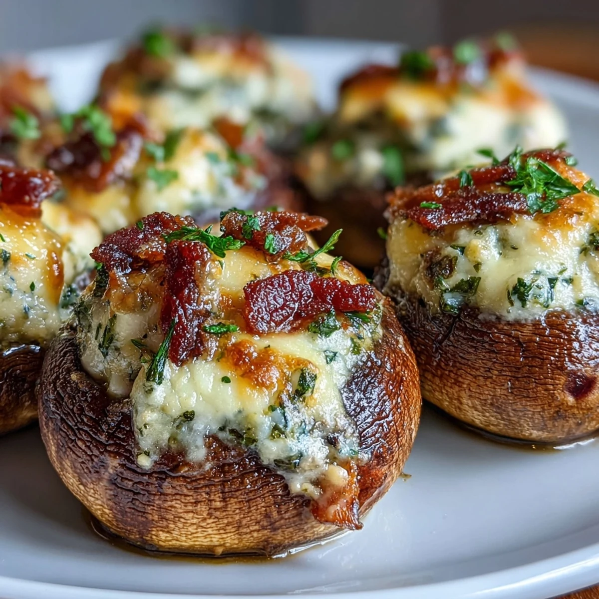 Golden brown Keto Bacon and Cheese Stuffed Mushrooms, baked until bubbly and served warm on a rustic wooden board.