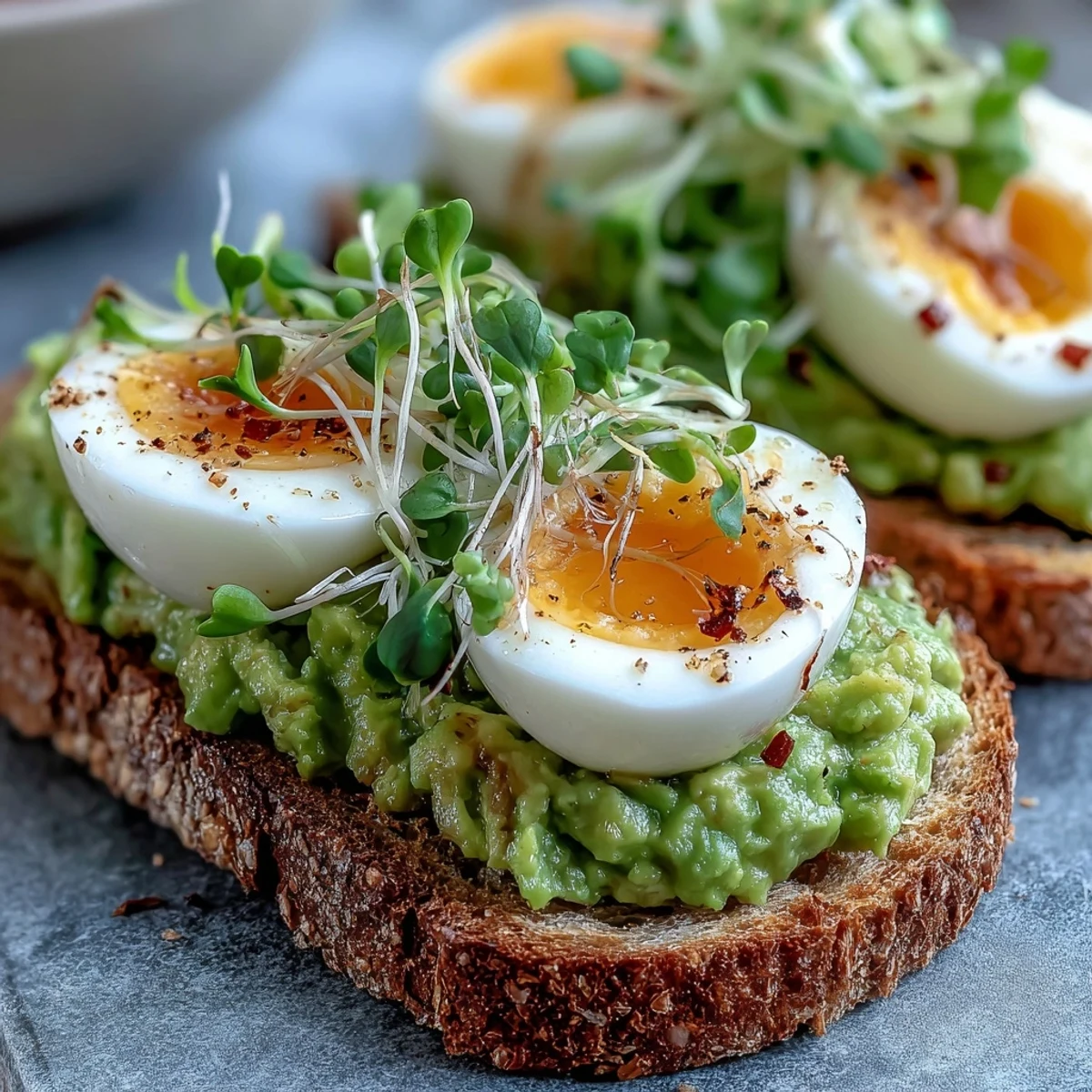Luscious avocado spread on toast topped with runny-yolk eggs and peppery microgreens, ready to eat.