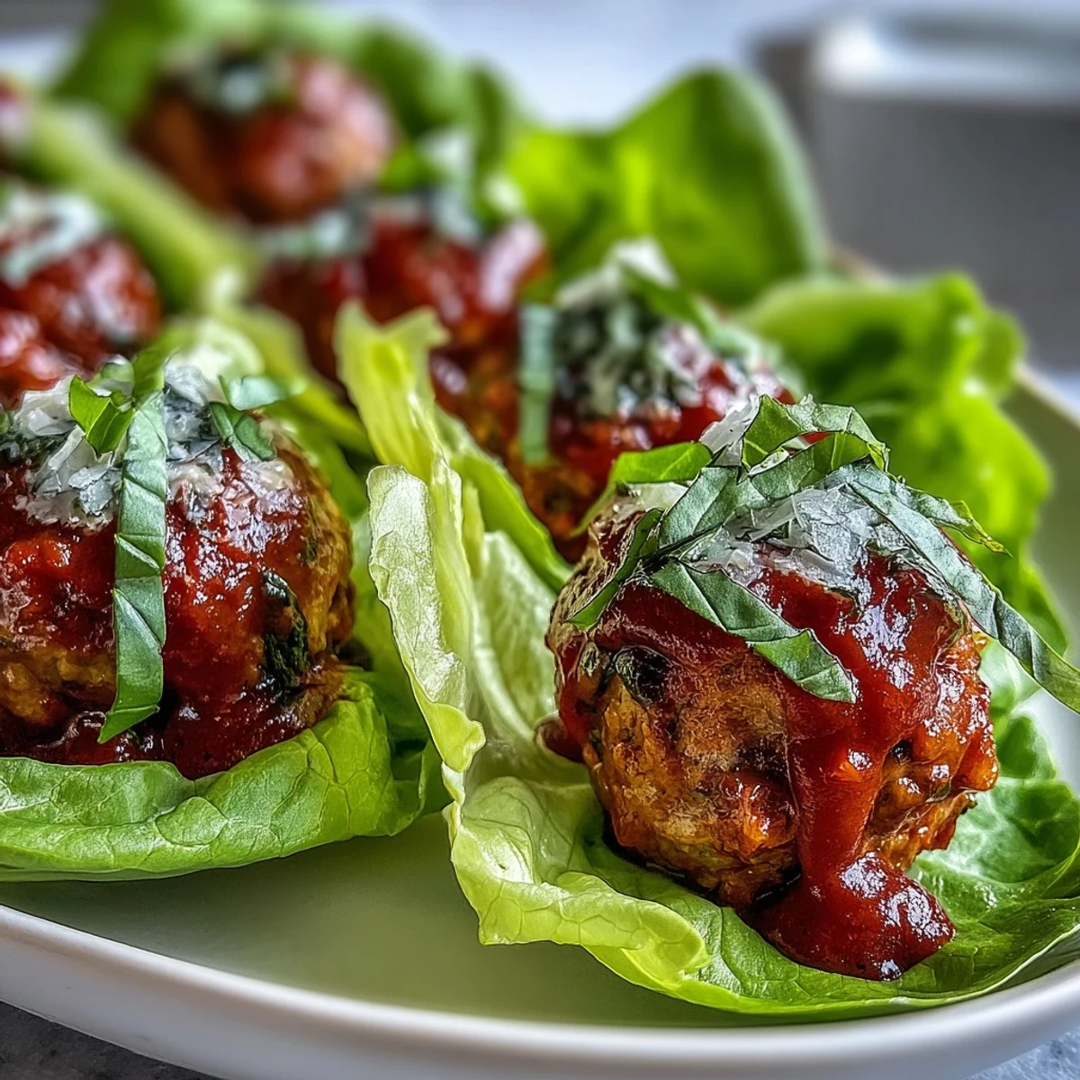 Juicy turkey meatball lettuce wraps filled with bright marinara, nestled in crisp butter lettuce leaves for a light, handheld dinner.