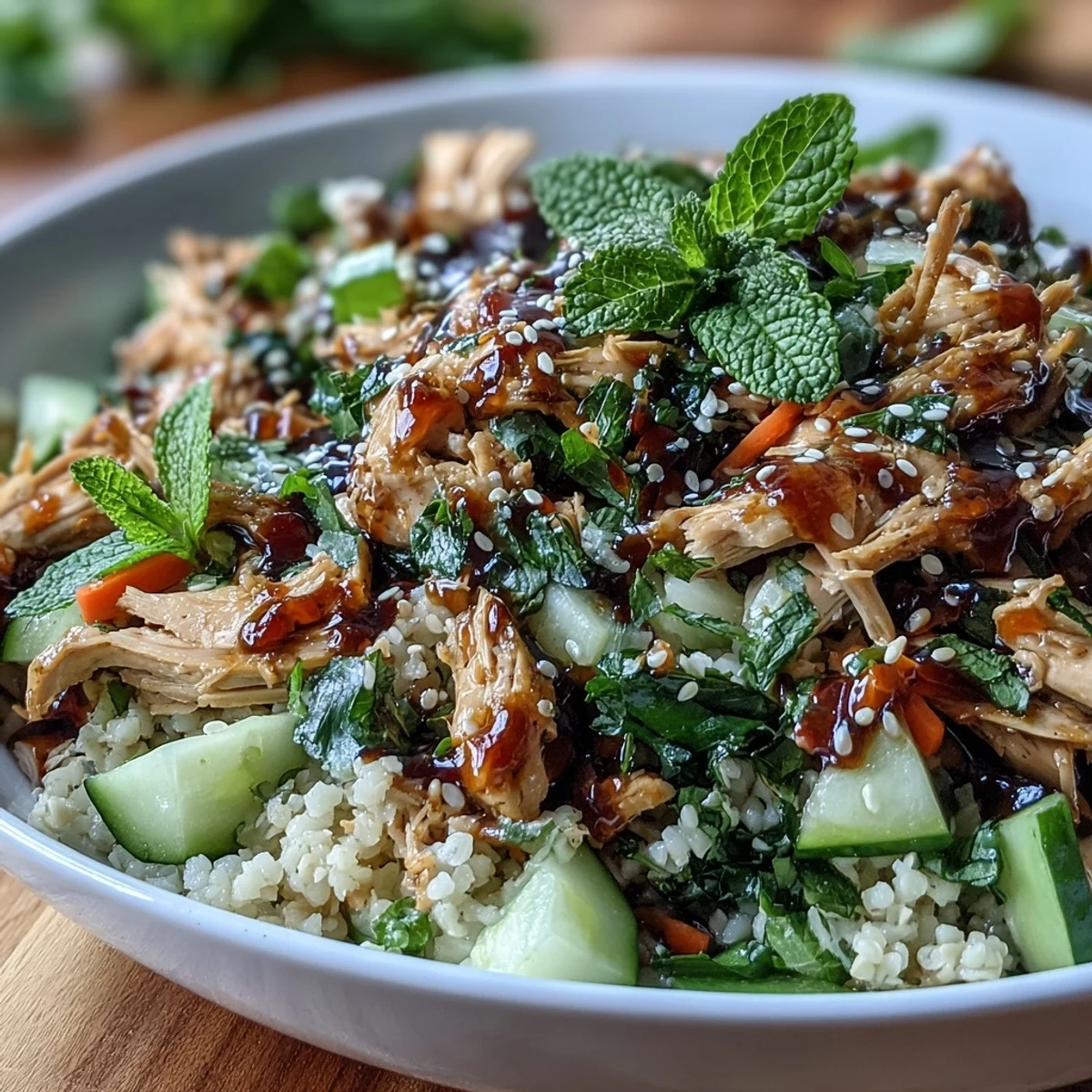 A close-up of the Asian Sesame Chicken Couscous Salad reveals golden couscous, shredded chicken, and crisp veggies coated in a savory glaze. Fresh cilantro leaves and lime wedges add a bright, inviting finish.