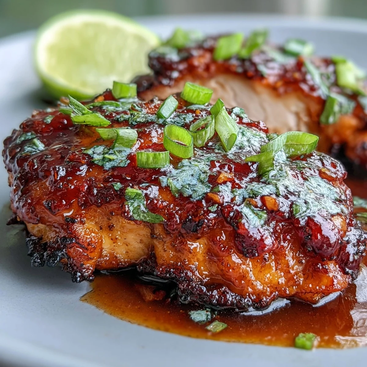 Vibrant Thai sweet chili chicken served with fresh lime wedges and sliced green onion, showcasing glossy, sticky sauce coating juicy chicken breasts.  