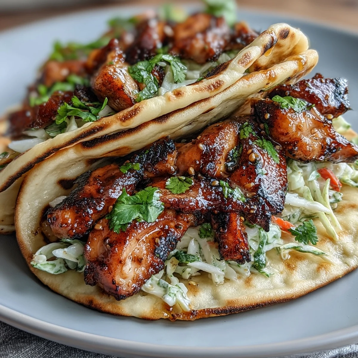 Honey garlic naan chicken tacos with tender glazed chicken, crisp slaw, and warm garlic naan flatbread.  
