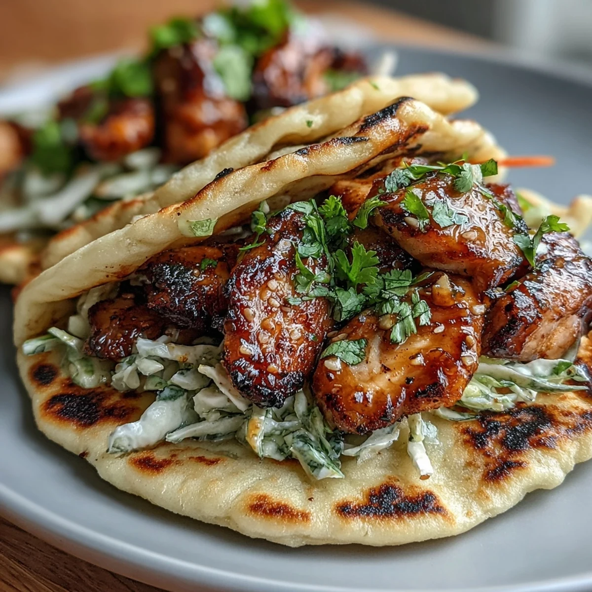 Savory honey-garlic chicken tacos wrapped in garlic naan, topped with fresh cilantro and lime for zesty flavor.
