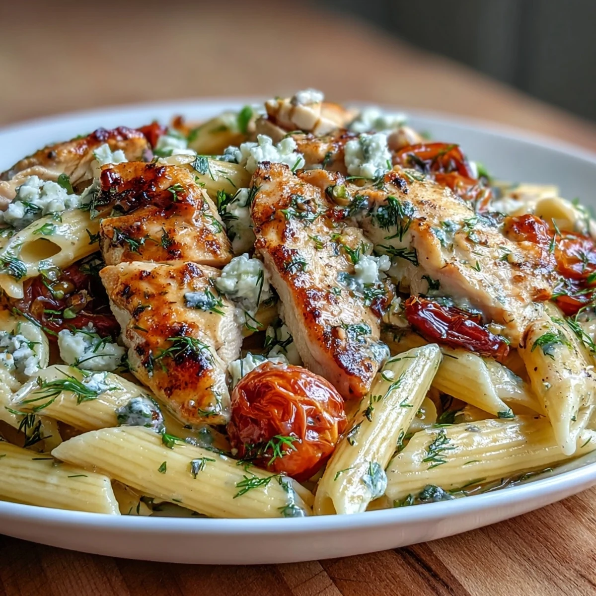 Aromatic roasted garlic and tender chicken mingle with creamy feta in this vibrant Greek-inspired pasta dish.  