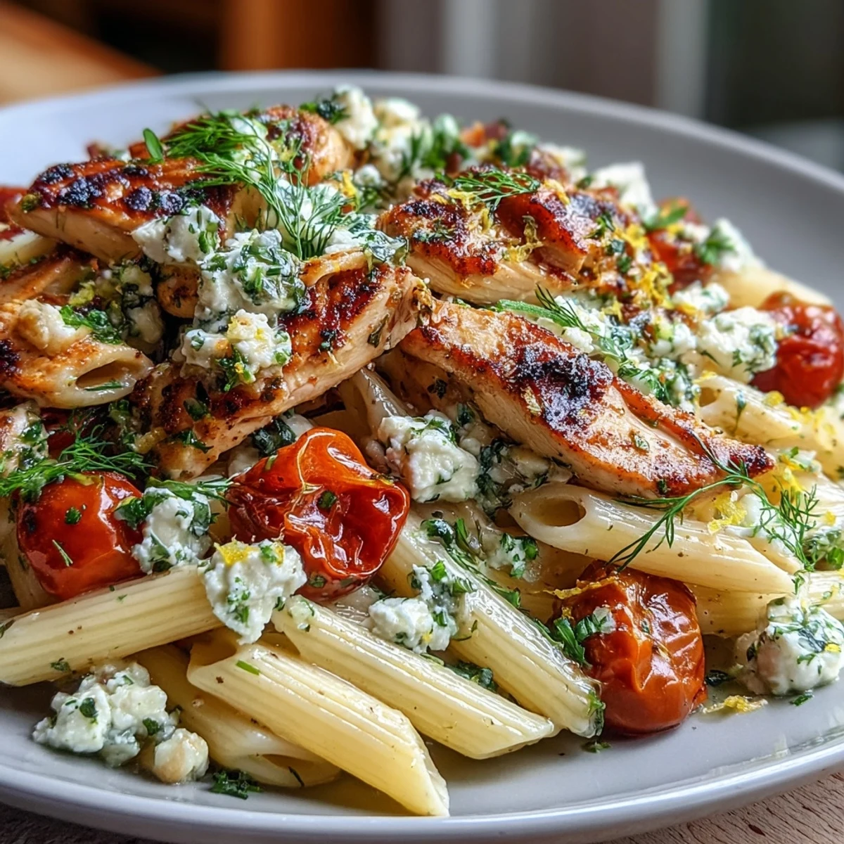 Golden roasted chicken slices rest atop al dente pasta, surrounded by sweet roasted garlic and tangy feta crumbles.  
