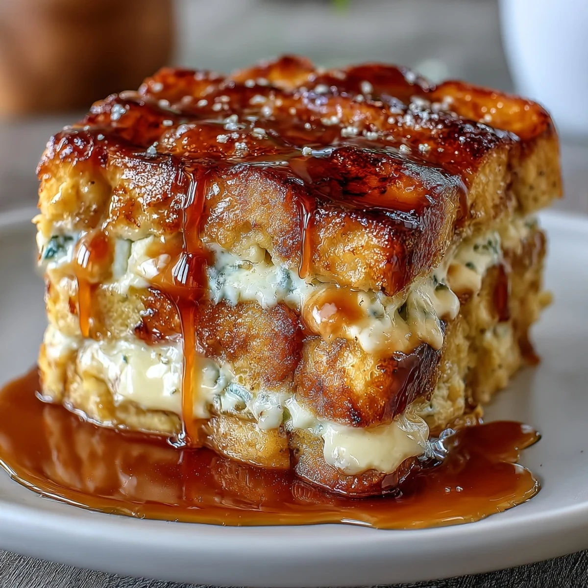 Crowd-pleasing French toast bake with layers of buttery brioche, smooth cream cheese, and luscious caramel, ideal for special breakfast occasions.