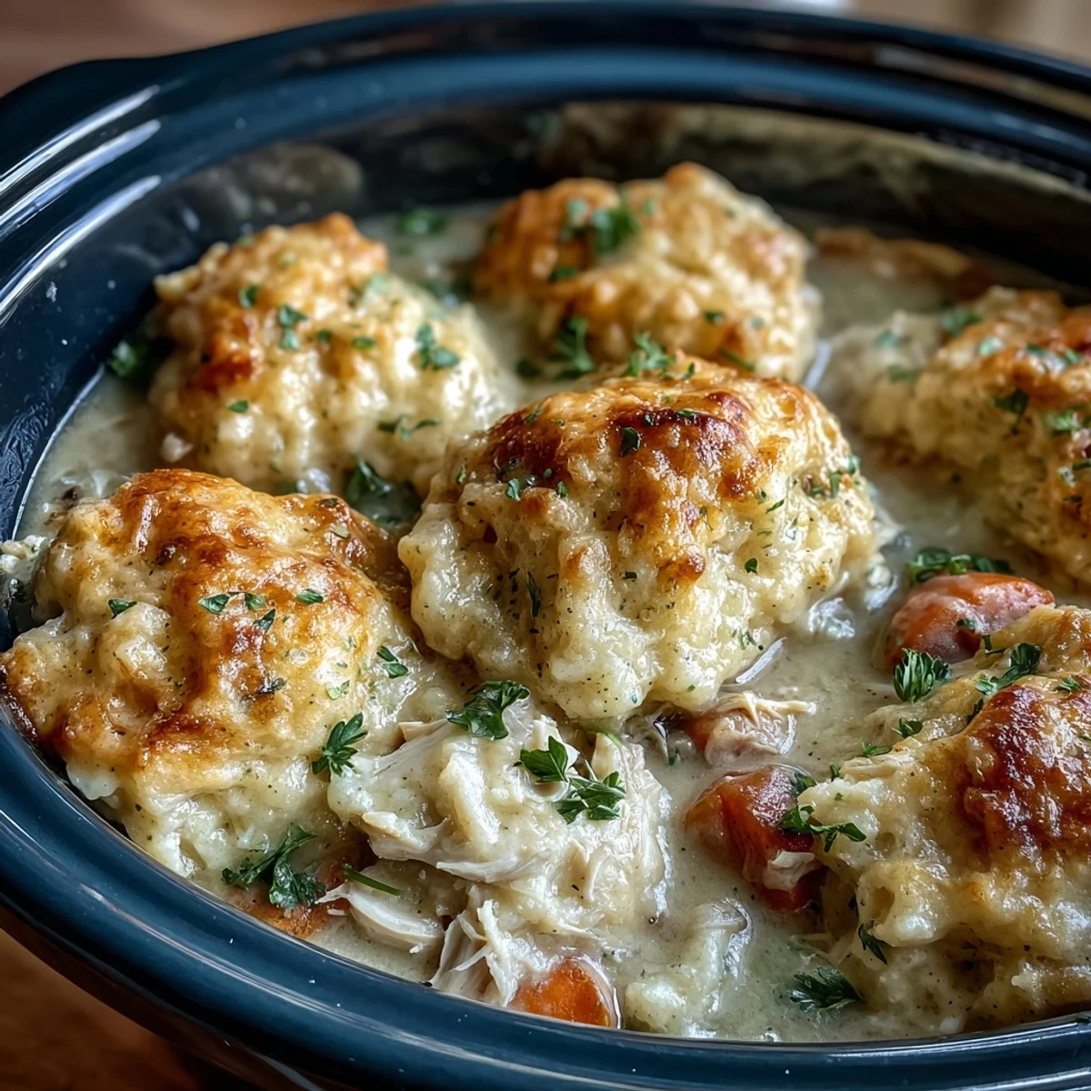 Slow Cooker Ranch Chicken & Dumplings featuring shredded chicken, ranch-seasoned broth, and soft homemade dumplings for a cozy family dinner.  