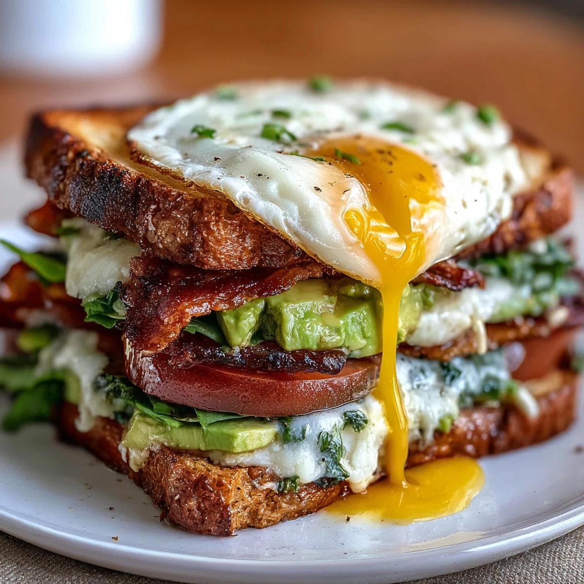 A hearty sourdough avocado BLT breakfast stack topped with a perfectly runny egg and crispy bacon, served with fresh greens and tomatoes.