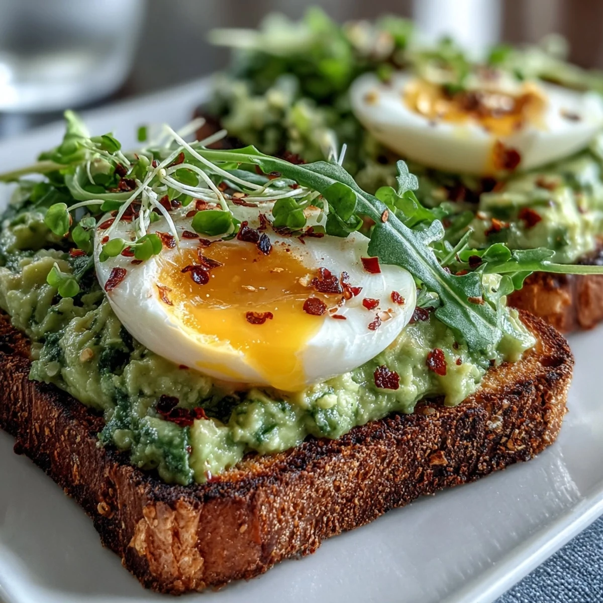 Creamy avocado and soft-boiled egg on whole grain toast, topped with fresh microgreens and chili flakes for a spicy, nutritious breakfast.