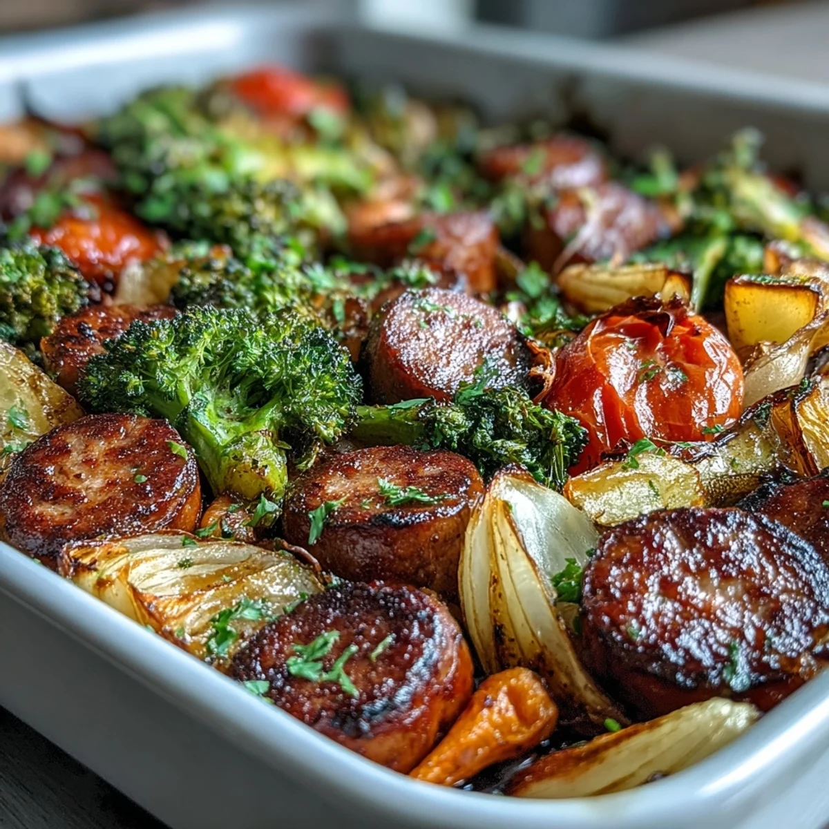 Colorful sheet pan dinner with roasted sausage and rainbow vegetables, perfect for a quick weeknight meal.  