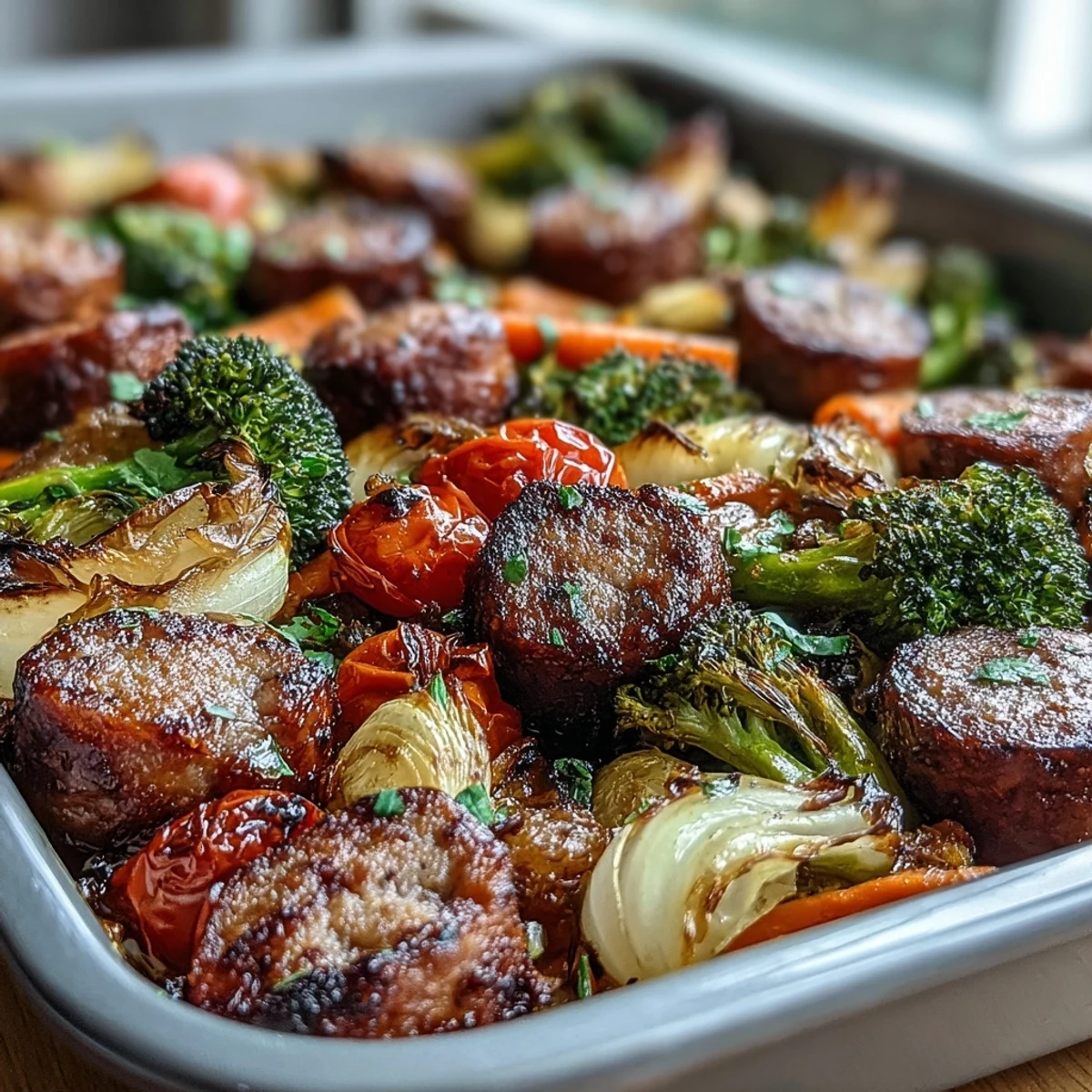 Easy sheet pan rainbow veggie and sausage bake with caramelized vegetables and juicy sausage slices.