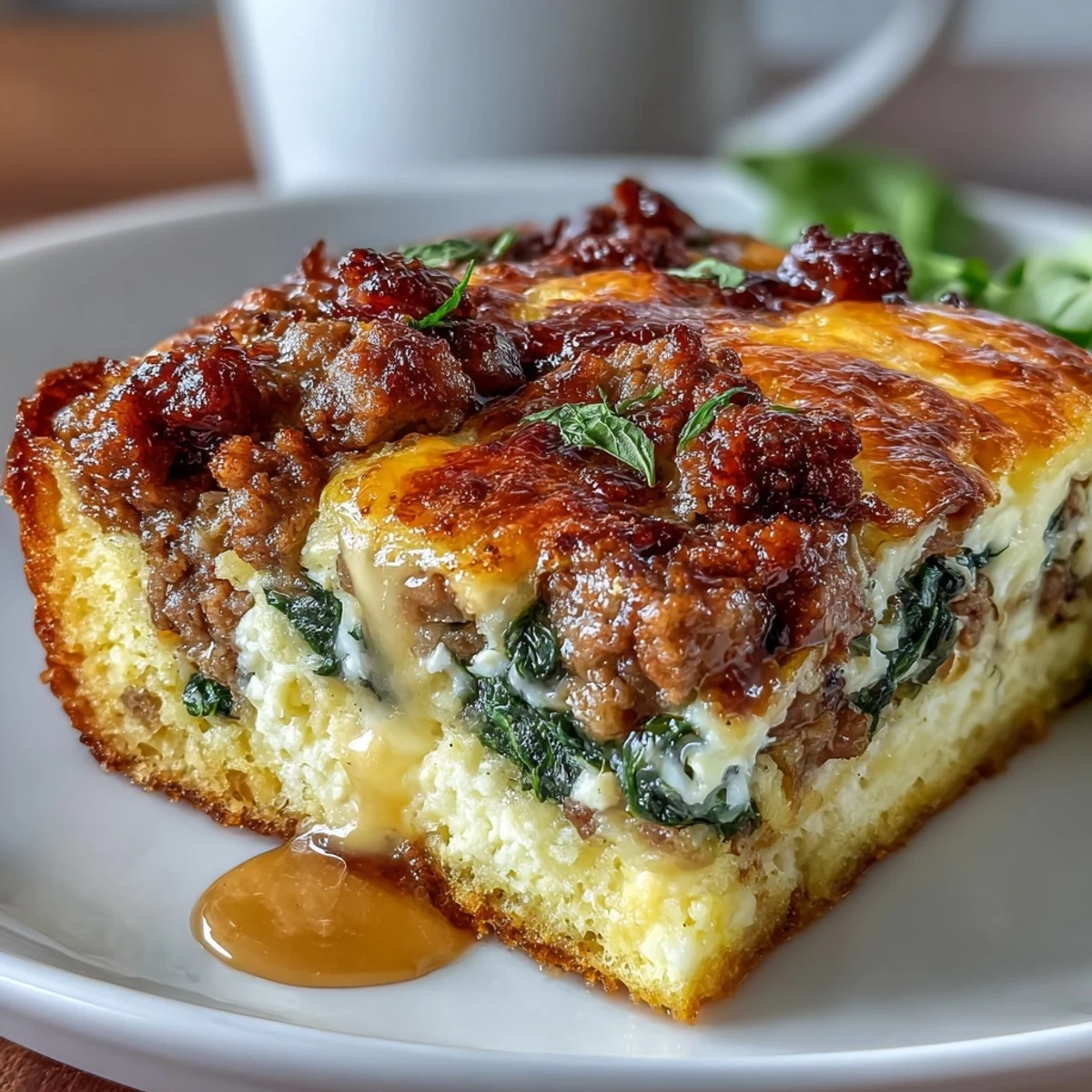 Keto sausage, egg, and spinach breakfast bake with golden cheesy top and savory sausage crumbles.