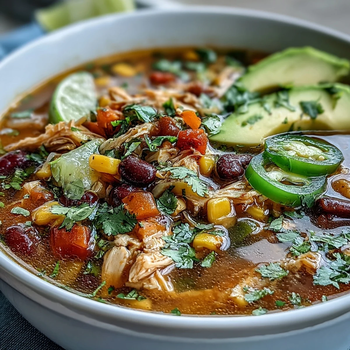 Hearty chicken taco soup brimming with colorful bell peppers, zucchini, and beans, garnished with shredded cheese and Greek yogurt for a protein-packed, gluten-free meal.  