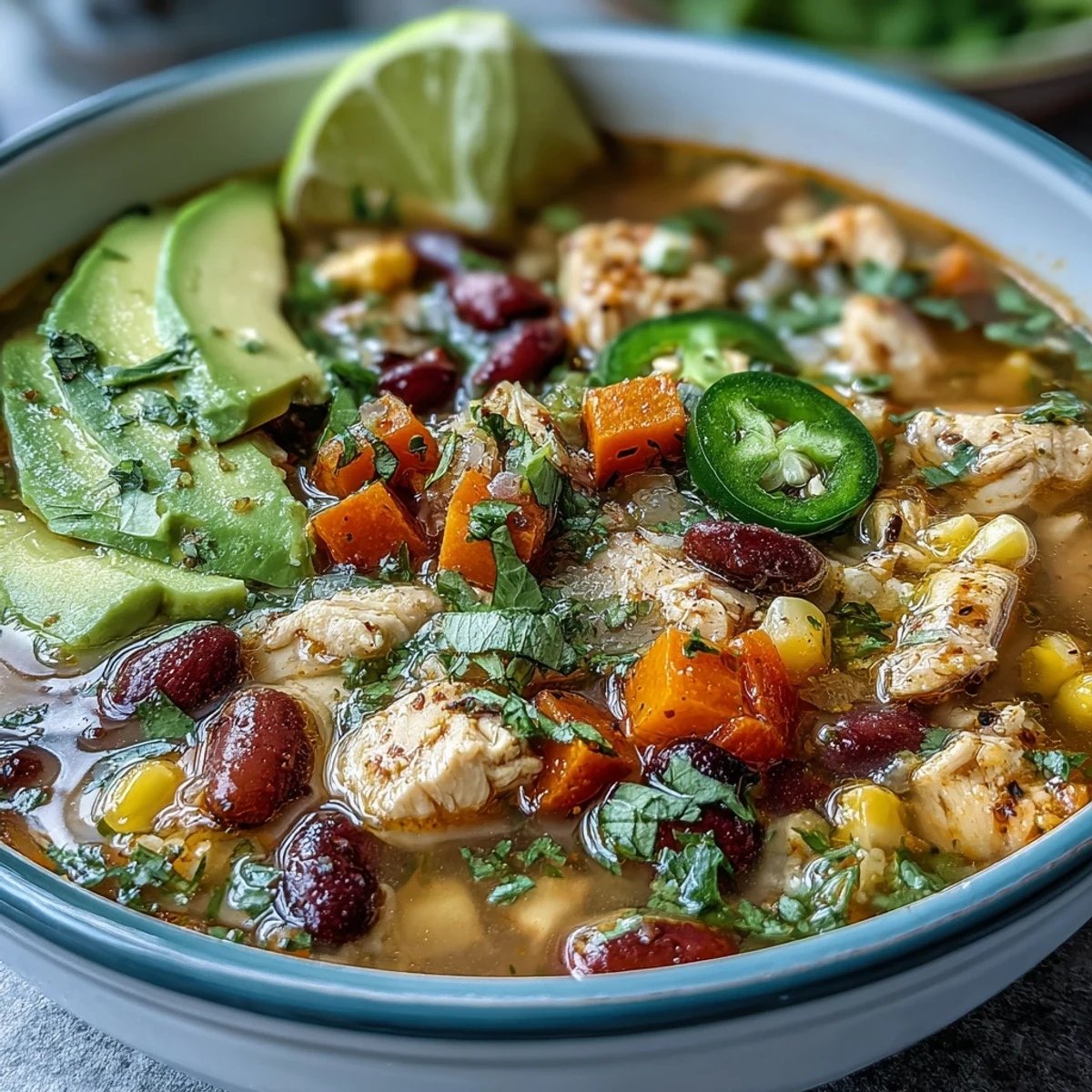 A steaming bowl of high-protein chicken taco soup filled with tender chicken, veggie confetti, and bold taco spices, served with warm corn tortillas for a satisfying, healthy dinner.