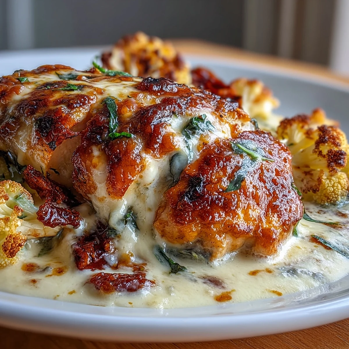 Creamy poblano chicken with roasted cauliflower, a keto-friendly dish with tender chicken in rich sauce and golden roasted veggies.  