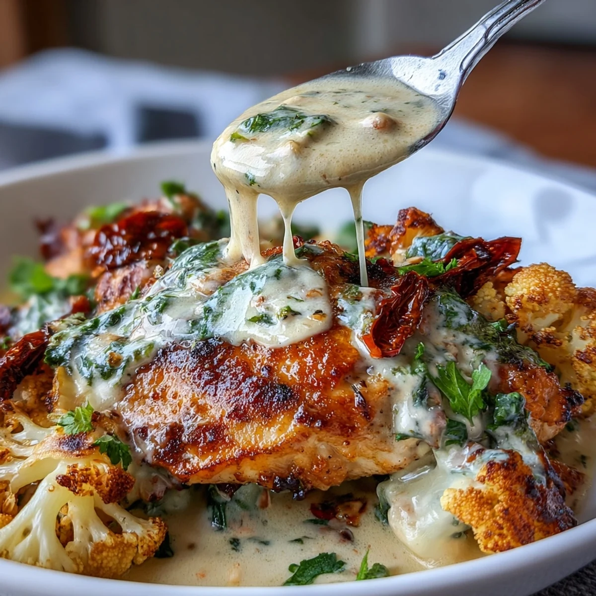 Mexican-inspired keto meal featuring juicy chicken in velvety poblano sauce, paired with garlic-roasted cauliflower for a satisfying, gluten-free plate.