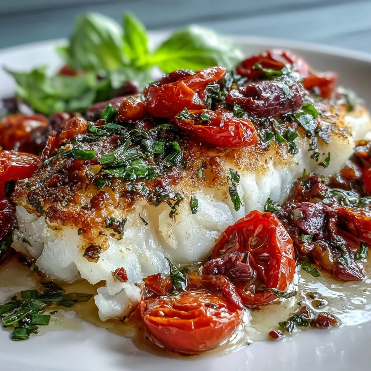 Flaky white cod fillets topped with a colorful mix of tomatoes, olives, capers, and fragrant herbs, baked to perfection.  
