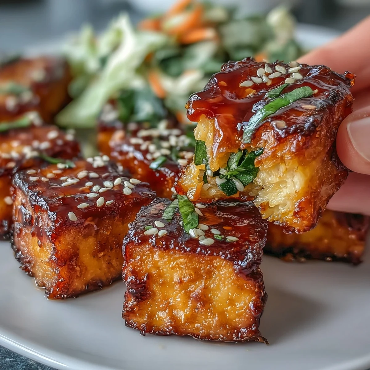 Crispy tofu cubes glazed in sweet chili sauce, served in fresh lettuce cups with colorful shredded veggie slaw.  