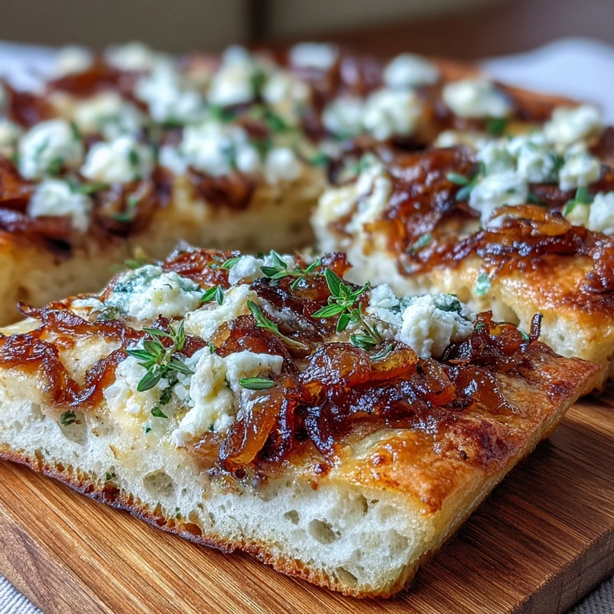 Crispy flatbread with sweet caramelized onions, creamy goat cheese, and fresh thyme for a Mediterranean-inspired appetizer.