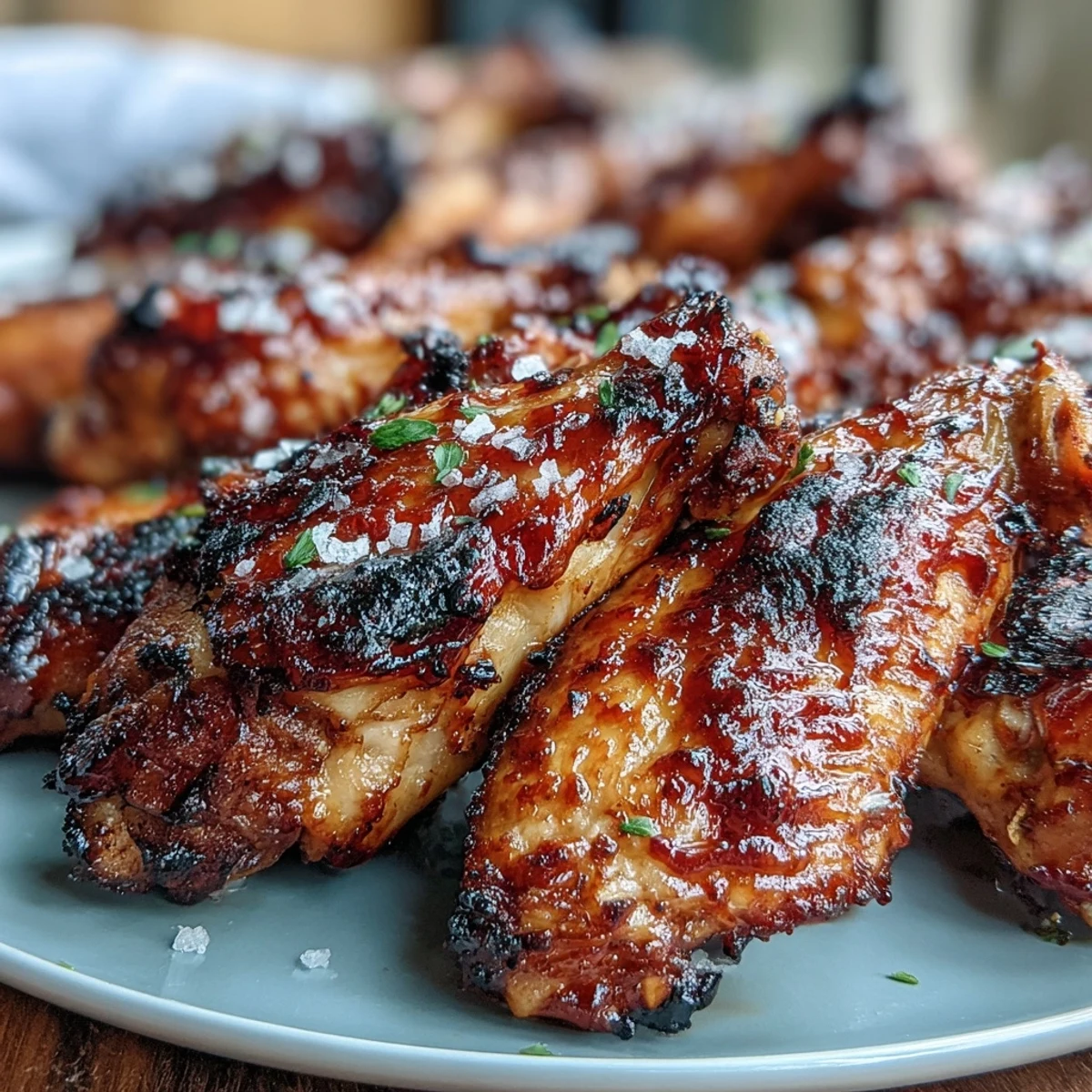 Crispy baked chicken wings tossed in a sweet and spicy honey sriracha glaze, finished with flaky sea salt.  